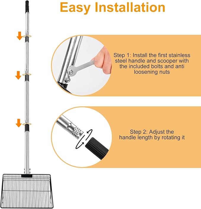 Chicken Poop Scooper, Large Metal Chicken Coop Scoop for Stand with Adjustable Stainless Steel Long Handle, Litter Sifting Shovel for Chicken Coop and Pet Waste Cleaning