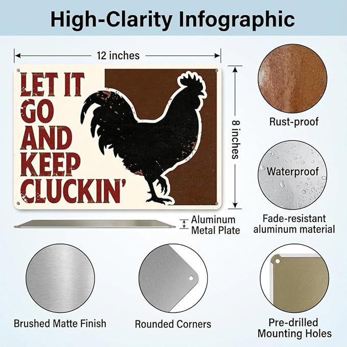 Funny Chicken Metal Sign Outdoor, Aluminum Farmhouse Wall Decor for Coop Door or Yard Area, Fluffy Humor Country Living Style, Rustic 8x12 Inch Gift