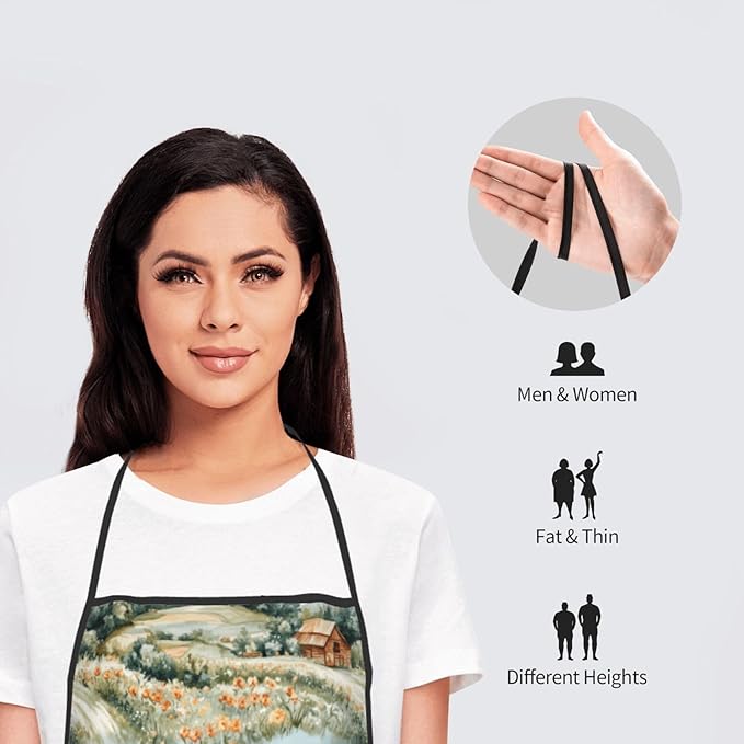 Chef Aprons for Men and Women - Village Flower Tractor Print Oil-Resistant Bib Aprons for Cooking or Grilling BBQ Kitchen