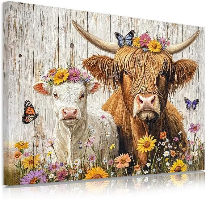 Yidepot Highland Cow Canvas Wall Art: Sunflowers Farmhouse Artwork, Sheap Cow Pictures Bedroom Decor Ready to Hang 12x15inch