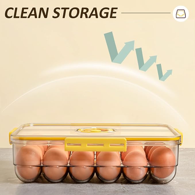 CottonColors Egg Holder for Fridge 18 Container for Refrigerator Plastic Organizer for Refrigerator Stackable Storage With Lids for Timer