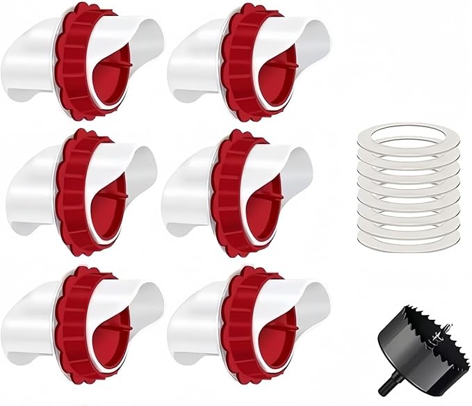 Chicken Feeders No Waste, DIY Automatic Poultry Feeder 6 Ports 1 Hole Saw with Covers Gravity Feed Kit for Buckets Barrels Bins Troughs (Red, 6)