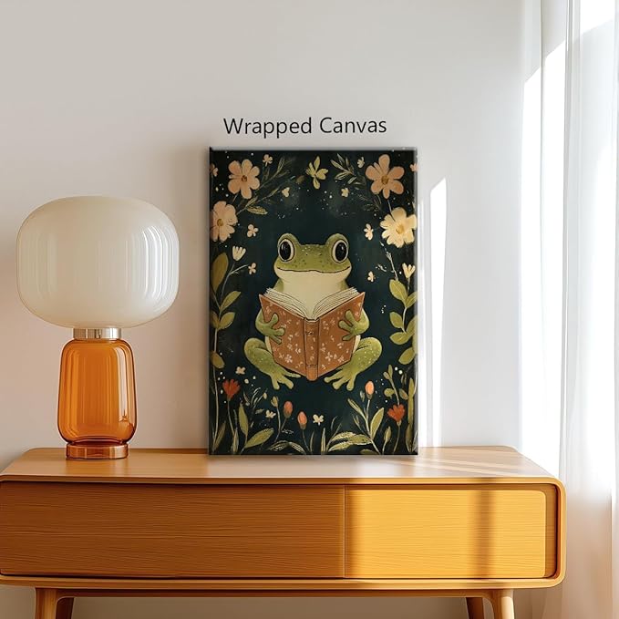 Frog Canvas Wall Art, Green Frog Reading A Book Poster, Rustic Nursery Animal Painting, Cozy Folk Art Print, Farmhouse Botanical Floral Painting for Kids Room 16x24in Unframed