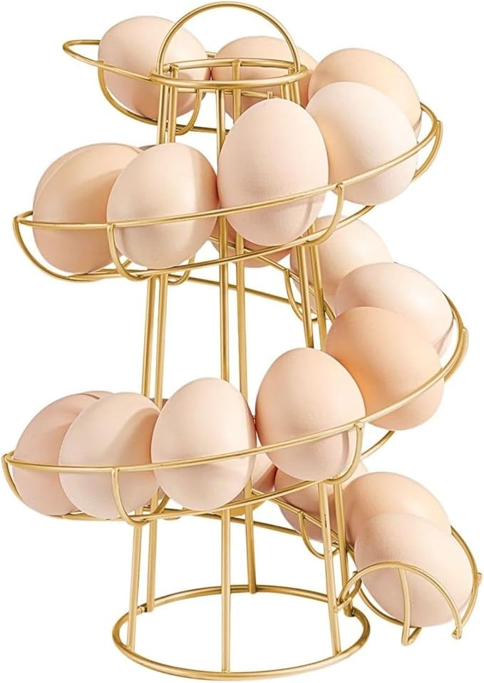 Flexzion Egg Skelter Modern Spiral Egg Holder Countertop (Medium Egg Display) - Freestanding Wired Countertop Egg Holder for Fresh Eggs, Dispenser Stand, Storage Rack for Kitchen, Gold