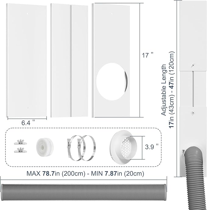 Dryer Vent Window Kit, Window Duct Kit with Hose Adjustable Dryer Vent Seal Panels Fits 4” Inline Fans, Universal Seal for Sliding Windows, Compatible with AC, Dryers, Duct Fans