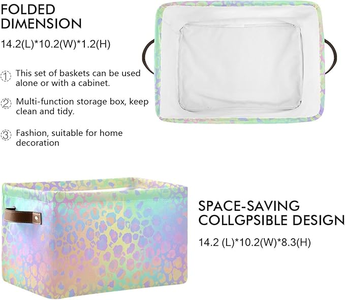JIPONI Rainbow Leopard Fabric Storage Bins for Shelves, Decorative Storage baskets for organizing, Closet Organizer with Handle for Cloth, Toys, Bedrooms, Farmhouse