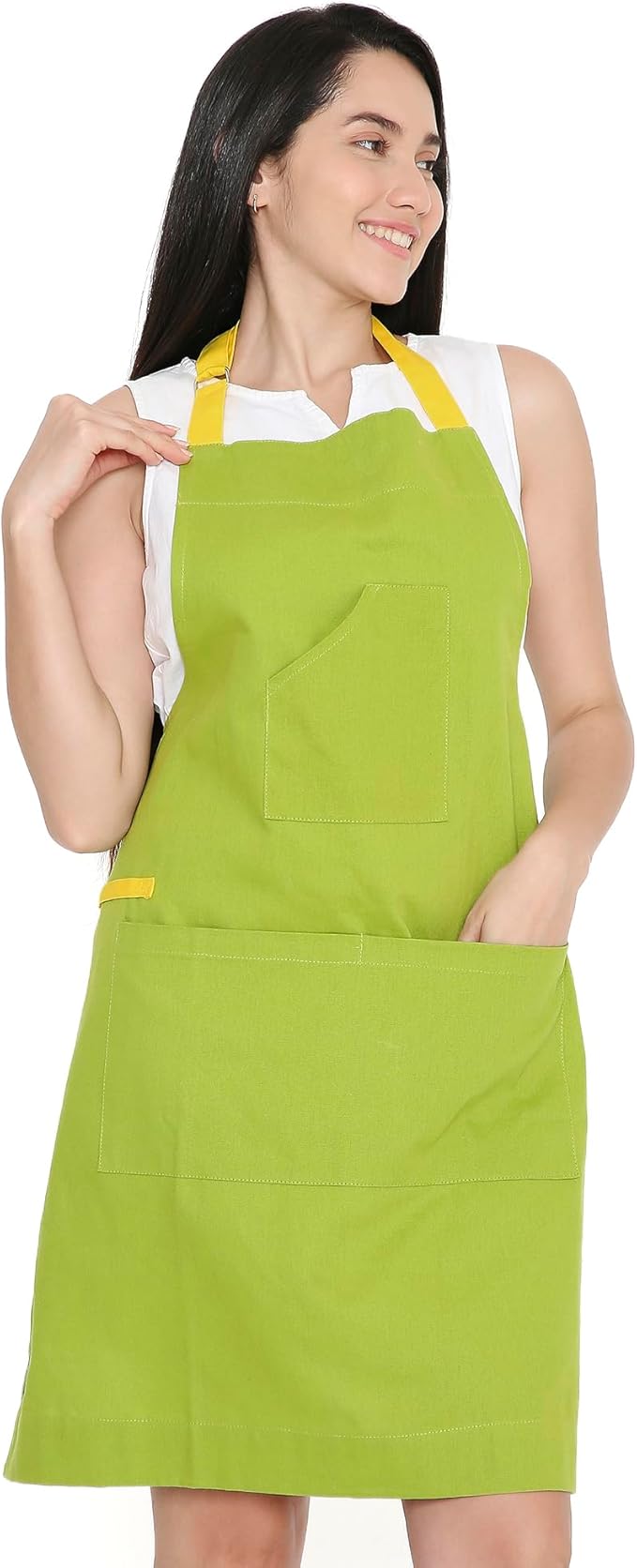 Encasa XO Adjustable Kitchen Cotton Apron With Pockets & Towel Holder Of Size 27x33 in (Lime Green) for Men & Women Chefs For Cooking & Baking in Home, Restaurants & Barbeque