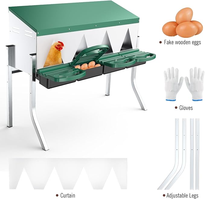 Chicken Nesting Boxes for Laying Eggs - 4 Compartment Roll Away Nesting Box for Chickens Coop with Adjustable Legs,Chicken Perch ＆ Roll Out Egg Tray,Curtains and 4 Fake Eggs Help Hen for Laying Eggs