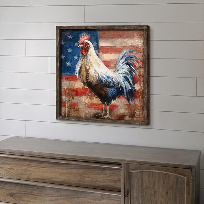 Rooster Wooden Wall Art Decor: Farm Animal Picture Country Cock Flag Framed Artwork Farmhouse Chicken Painting is the Perfect Combination of Energy Nature for the Kitchen Country House Bedroom 16"x16"