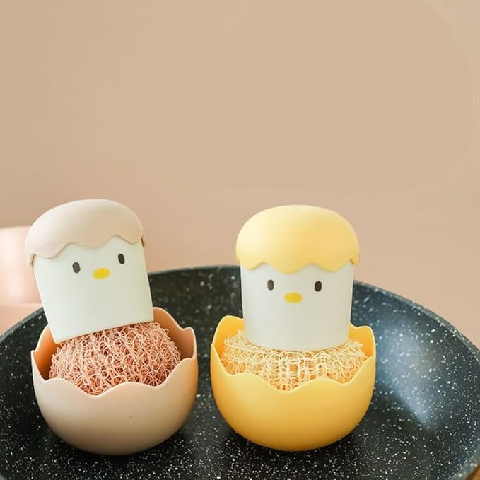 Cleaning Brush with Eggshell Chicken Themed Design and ForNano Fiber Cleaning Ball for Dishwashing and Pot Scrubbing with Ergonomic Handle and Compact Storage (2pcs-Yellow)