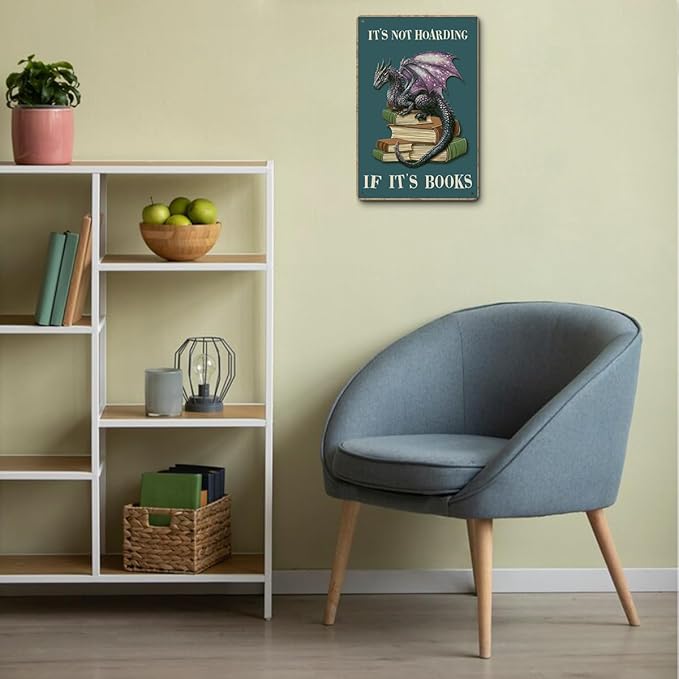 Book Lover Gifts for Women, It's Not Hoarding If It's Books, Dargon Gifts Aluminium Plate Signs, Funny Book Decor for Cafe Bedroom Library Bookshelf, Vintage Dragon Wall Art Decorations Metal Signs