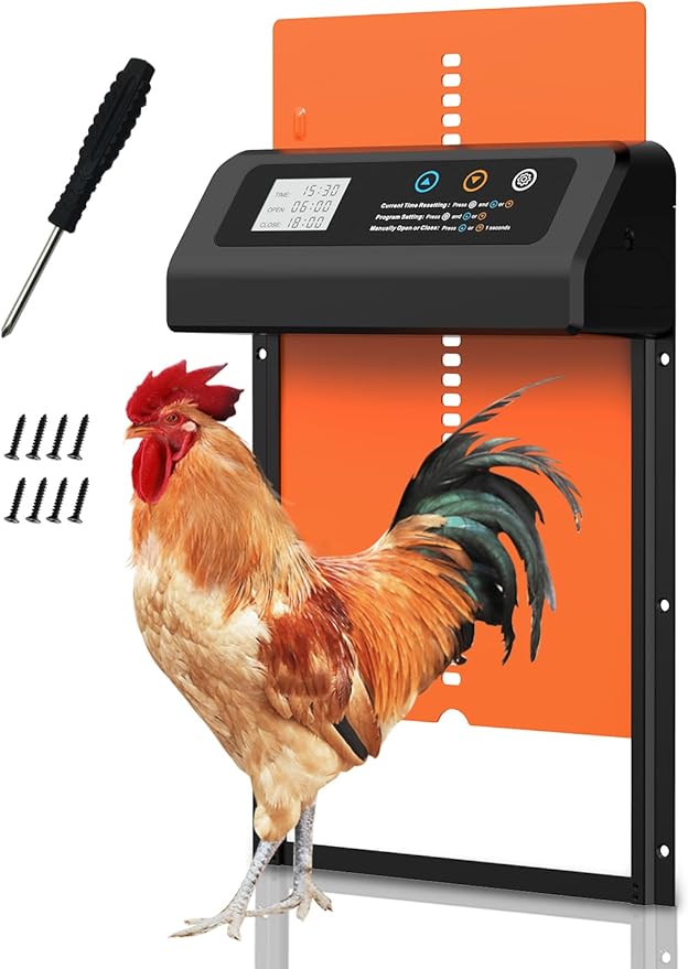 Automatic Chicken Coop Door, Aluminum Automatic Chicken Door with Anti-Pinch Feature, Timer and LCD Display (Black-Orange)