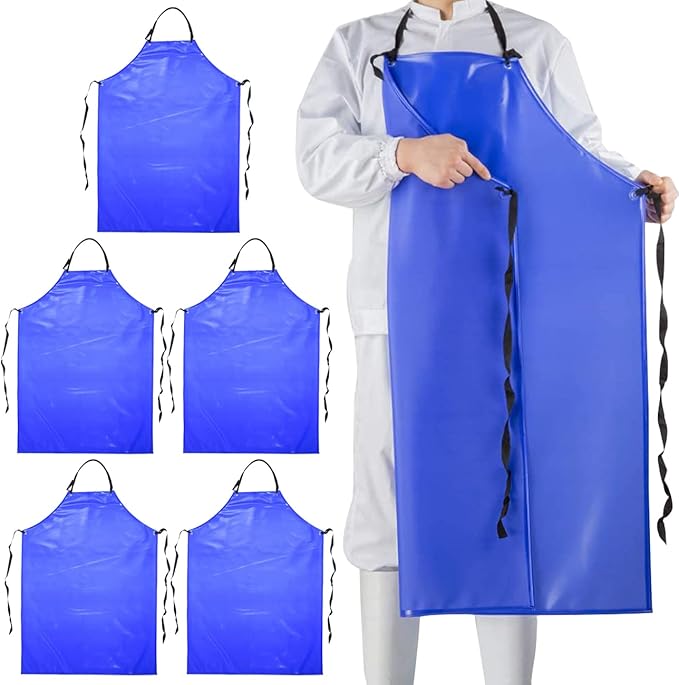 Chemical Resistant Vinyl Apron - Blue Plus Size Unisex PVC Aprons for Dishwashing,Dog Grooming,Gardening,Fish Cleaning,Lab Work（5 Pack）