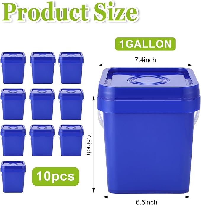 Suzile 10 Pcs Food Grade Square Bucket with Lid 1 Gallon Plastic Bucket 4.5L Utility Industrial Pail with Handle Container for Food Oil Tub Water Fishing Paint House Cleaning Car Washing (Blue)