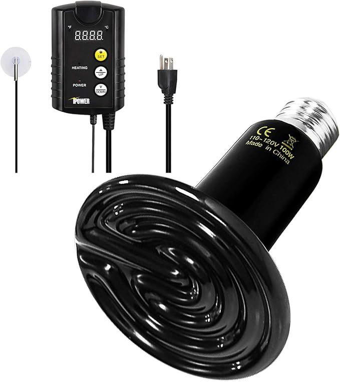 Simple Deluxe 100W Ceramic Reptile Heat Lamp Bulb No Light Emitting Brooder Coop Heater & Digital Heat Mat Thermostat Controller Combo for Amphibian Pet & Incubating Chicken, Black