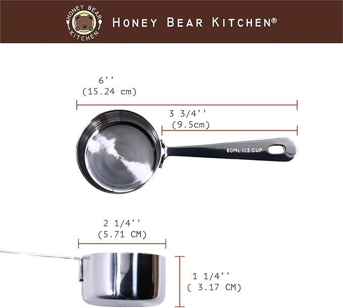 Honey Bear Kitchen 1/3 Cup 80 ml Leave-in Measuring Scoop Cups, Polished Stainless Steel (Set of 2)
