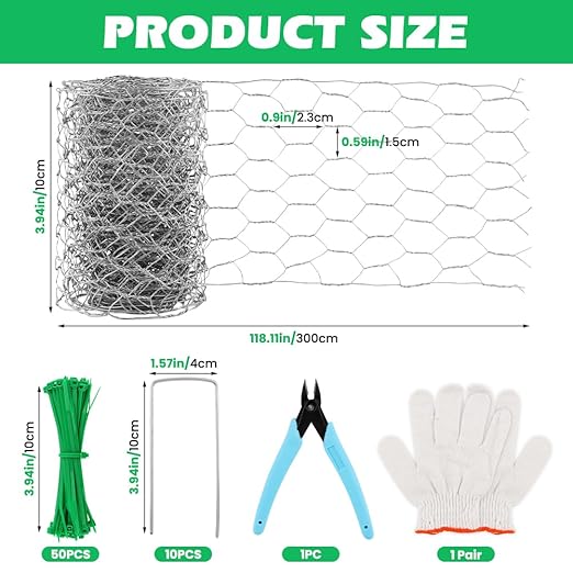 Floral Chicken Wire for Craft, 4 x 118 Inch Lightweight Mesh Netting with Plier,Gloves,Ties, 2mm Thickness Chicken Wire Fence Netting for Garden Poultry, Protect Plant, DIY Craft
