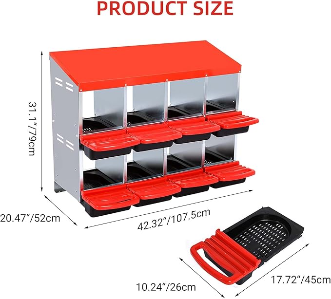 8-Compartment Heavy Duty Roll-Away Metal Chicken Nesting Box – Rustproof, Ventilated Hen Egg Collection System with Lid Cover & Swing Perch, Easy Clean, Red, No Bracket
