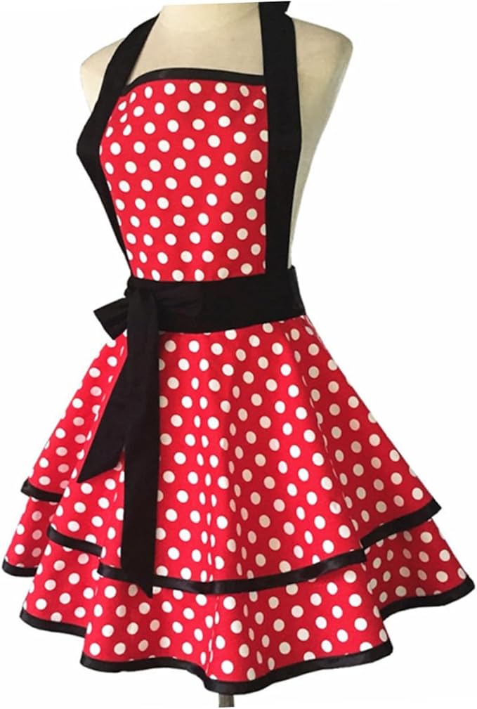 Cotton Dot Pattern Double-layer Apron for Women Lace-up Neck Strap Kitchen Cooking and Cleaning Work Apron for Home Hotel Use Soft