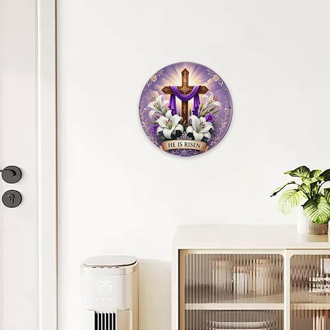 He is Risen Metal Sign for Front Door Decor Religious Cross Easter Hanging Door Decorations, Farmhouse Flower He is Risen Roundr Sign Hanger for Home Spring Wall Indoor Outdoor Decorations