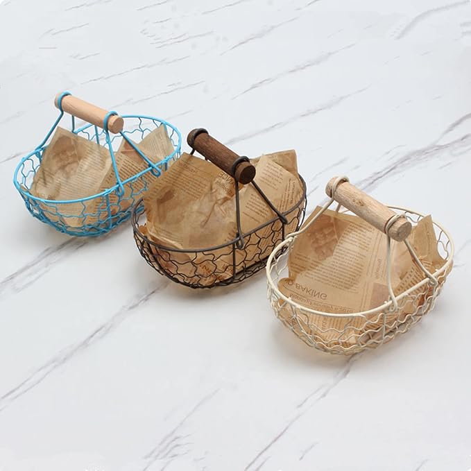 Metal Wire Basket with Wooden Handles Farmhouse Chicken Egg Storage Basket Vintage Country Style Metal Fruit Baskets Gathering Bin Container for Home Kitchen Wedding(Dark gray)