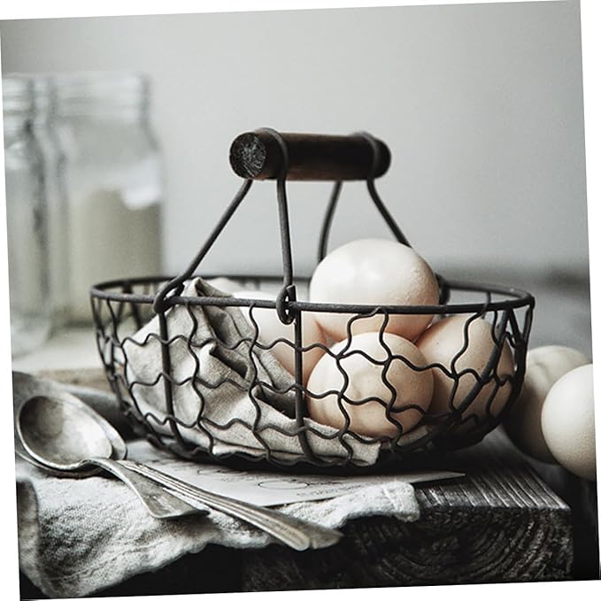 2pcs Small Iron Storage Basket with Wooden Handle, Farmhouse Style Metal Fruit and Egg Holder for Kitchen Countertop Organization, Vintage Rustic Wire Basket for Bread and Pantry