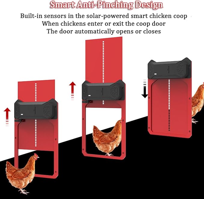 Automatic Chicken Coop Door Solar Powered, 4 Modes Automatic Chicken Door with Timer & Light Sensor, Waterproof Aluminum Alloy Chicken Door with LCD Screen Red