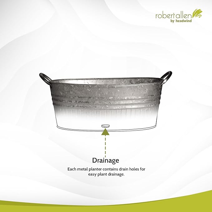 Headwind Decorative Planter - Oval Galvanized Tubs Planter with Handles – 24 Inch Lightweight Steel Indoor Oval Plant Pot with Drainage Holes – Large Galvanized Tub Flower Bucket – Outdoor Planter