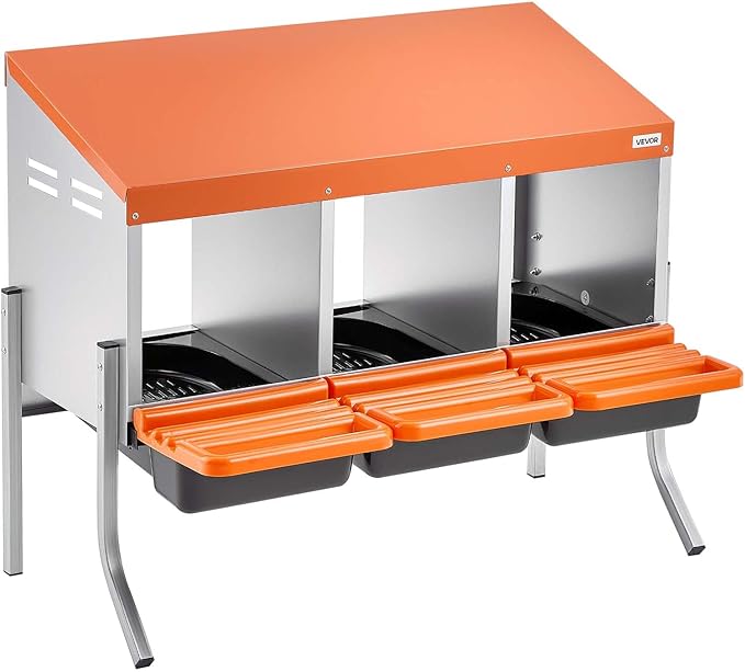 VEVOR Chicken Nesting Boxes, 3 Compartments, with Support Legs, Easy Egg Collection, Galvanized Steel and High-Strength Plastic, Roll Away Nesting Boxes for Chickens and Hens Laying Eggs, Orange