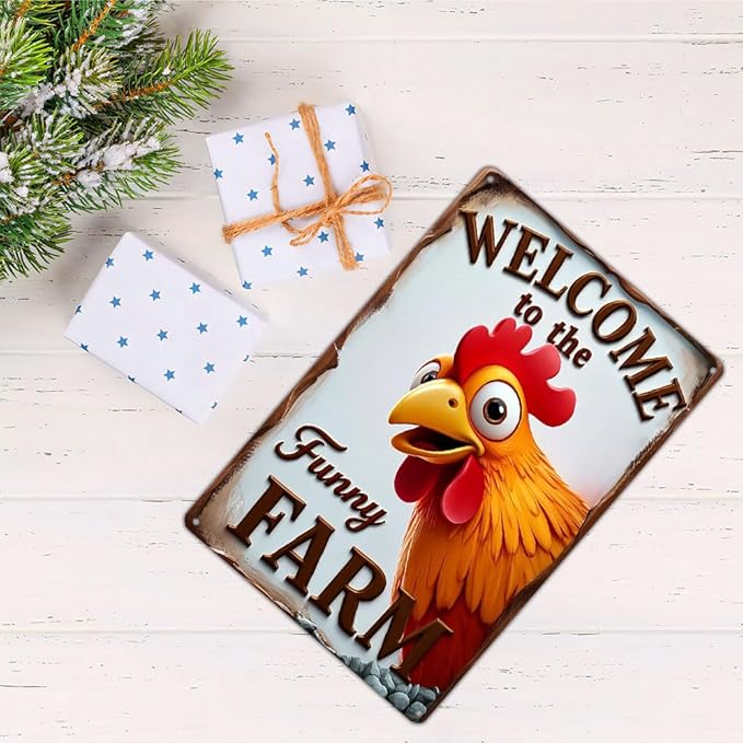 FunnySign Chicken Gifts Rooster Décor Welcome To The Funny Farm Rustic Tin Sign For Home Farm Chicken Coop Decor 8x12 Inch (9706)