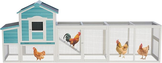 Large Wooden Chicken Coop Outdoor Hen House with Run, Waterproof Roof & Nesting Box, Secure Lock, Removable Tray, Ramp & Perch for 2–4 Chickens or Small Pets (Blue, 121.30)