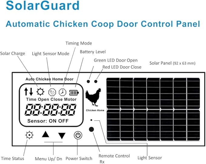 SolarGuard Automatic Chicken Coop Door – Aluminum Alloy Solar-Powered Door with LCD Display, Weatherproof Design, Anti-Pinch Safety, 4 Operation Modes, and Battery Backup for Hens, Ducks, Poultry