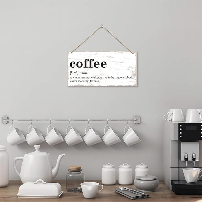 Coffee Definition Wooden Sign, Coffee Bar Sign Wall Decoration, Vintage Kitchen Decor, Wood Grain Retro Decor Signs, Cafe Decoration with Rope Hanging 12 x 6 Inches