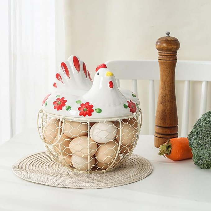 Egg Storage Baskets for Fresh Eggs, Kitchen Countertop Storage Organization Egg Dispenser, Ceramic Chicken Lid with Wire Basket, Holds 20-25 Eggs
