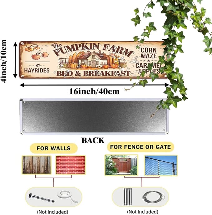 Rustic Pumpkin Farm Bed & Breakfast Metal Sign - Autumn Wall Decorative Sign - Pumpkin, Maple Leaf Design, 16x4 Inch, Vintage Sign for Kitchen, Baking Room, Farmhouse Decor, Thanksgiving Day Decor