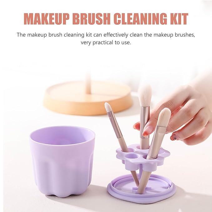 Brush Cleaning Box and Pad Set Purple Pp Makeup Brush Washer Bowl with Silicone Storage Rack Portable