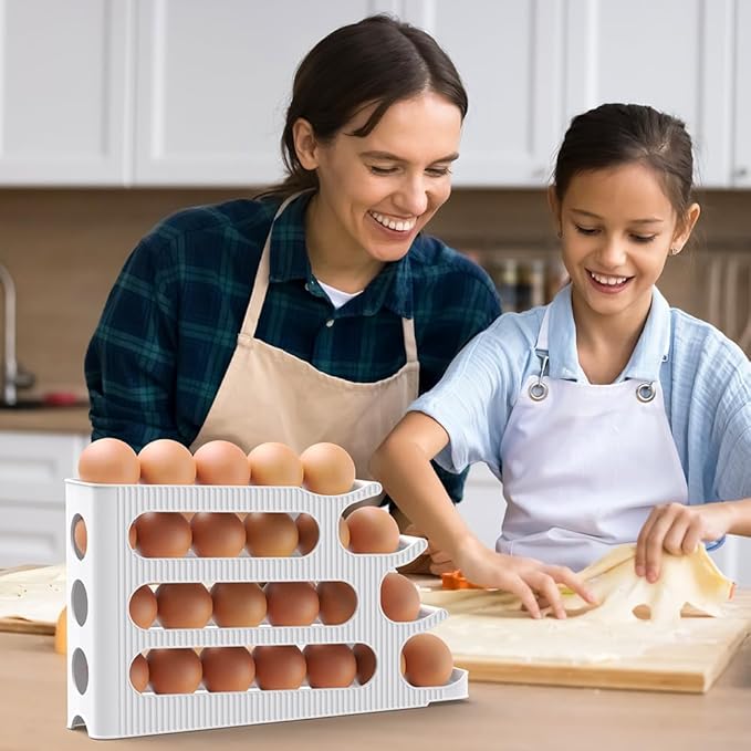 Sotfamily Egg Holder for Fridge, 4 Tiers Auto Rolling Egg Storage Organizer for Refrigerator, Slim Space Saving Container, Dispenser - Egg Roller for Eggs 24 Count