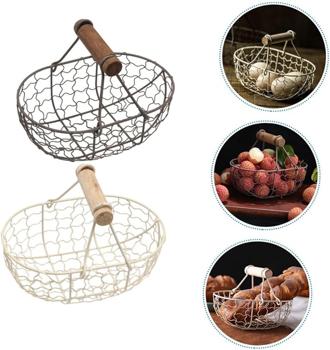 2pcs Retro Style Storage Basket Wooden Handle for Fruit Eggs and Snacks Compact Design for Organization Gray-Black and Colors