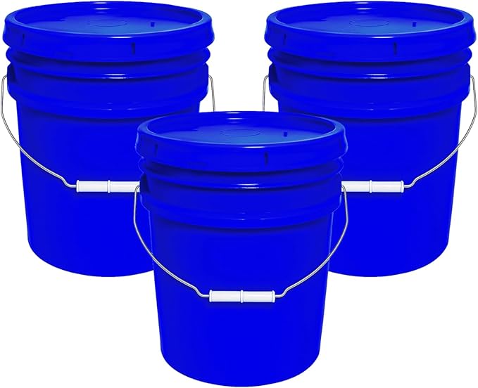 5-Gallon Bucket with Airtight Lid – Made in USA, Food Grade BPA Free Plastic, Heavy Duty Multi-Use, Metal Handle with Grip, Stackable Storage – Blue, 3 Pack