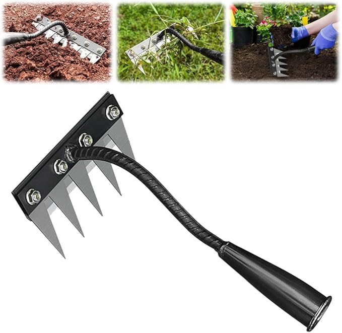 Detachable Gardening Hand Weeder Tool, Upgrade Garden Manganese Steel Weeding Rake Weed Puller Tool, Manual Weeder Claw Remover Tool Long Handle Weed Puller Tool for Farm Backyard (5 Tines)