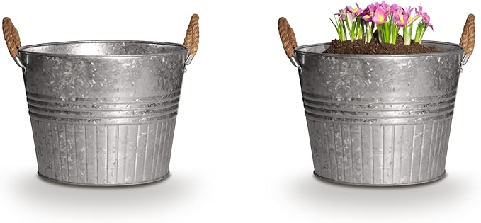 Headwind Decorative Planter - Round Galvanized Bucket w/Rope Handles – 12 Inch Metal Tub Bucket Planter for Outdoor Plants w/Drainage Hole – Galvanized Large Outdoor Planters Buckets by Robert Allen