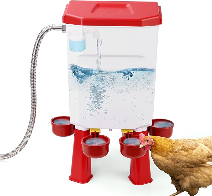 Chicken Waterer Float-Controlled Automatic Continuous Fresh Water Filtered Float- Chicken Waterer 2 Gallons Large Poultry Waterer for Duck, Quail, Turkey, Chick (Red)