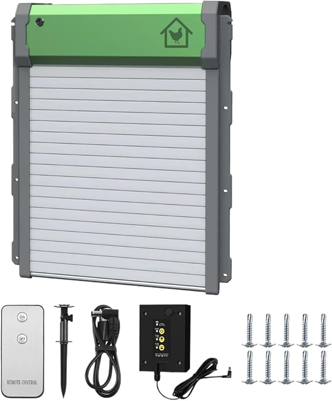 Automatic Chicken Coop Door Solar Powered Aluminum Alloy Chicken Door with Timer Light Sensor Remote Control Manual Mode(Green)