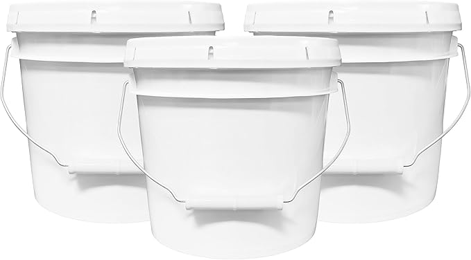 1-Gallon Bucket with Airtight Lid – Made in USA, Food Grade BPA Free Plastic, Heavy Duty Multi-Use, Metal Handle with Grip, Stackable Storage – White, 3 Pack