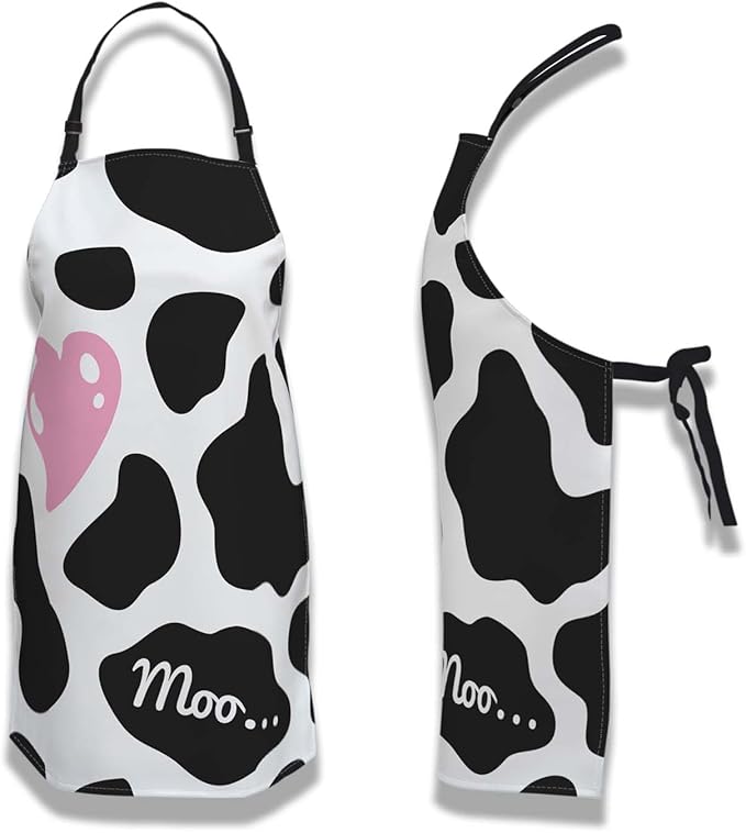 Chef Apron for Men Black and White Cow Print Love Heart Fun Aprons for Women for Kitchen Cooking Restaurant BBQ Painting Crafting 27” (W) x 31” (H), Waterproof Aprons