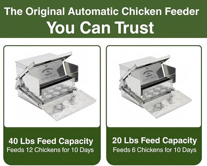Grandpas Feeders Automatic Chicken Feeder - 40 lbs No Waste Poultry Feeder, Rat Proof & Rodent Proof Treadle Chicken Feeder, Galvanized Steel with Lid, Feeds 6-12 Chickens up to 10 Days