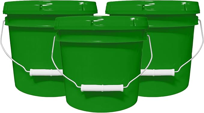 1-Gallon Bucket with Airtight Lid – Made in USA, Food Grade BPA Free Plastic, Heavy Duty Multi-Use, Metal Handle with Grip, Stackable Storage – Green, 3 Pack