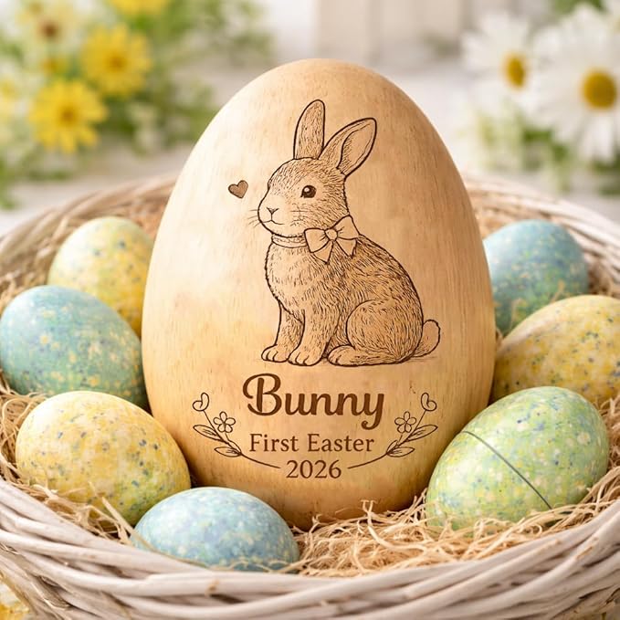 Personalized Wooden Easter Egg – Custom Engraved Bunny Name Egg, Baby First Easter Keepsake Gift, Rustic Wood Bunny Decor, Cute Basket Stuffer for Kids, Spring Holiday Gift for Baby Boy Girl/1