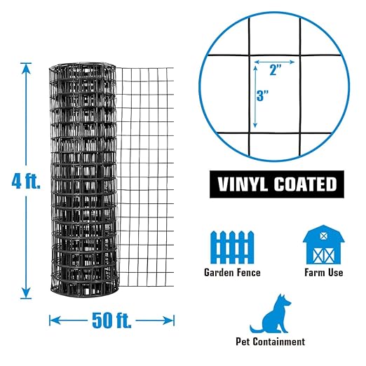 Fencer Wire 16 Gauge Green Vinyl Coated Welded Wire Mesh Size 2 inch X 3 inch, Black,4x50 ft