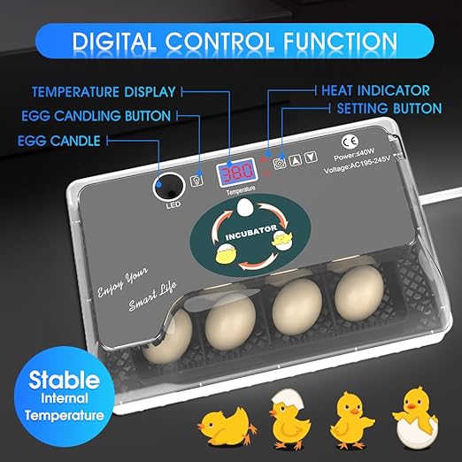 12 Egg Incubator - Automatic Egg Turner, Temperature Control, Built-in Candler, Auto Water Refill for Hatching Chicken, Duck, Quail & Bird Eggs
